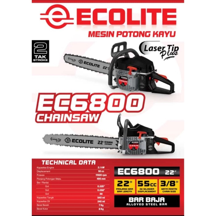 Gergaji Mesin Chainsaw Senso Sinso Ecolite EC6800 EC 6800 22 Inchi