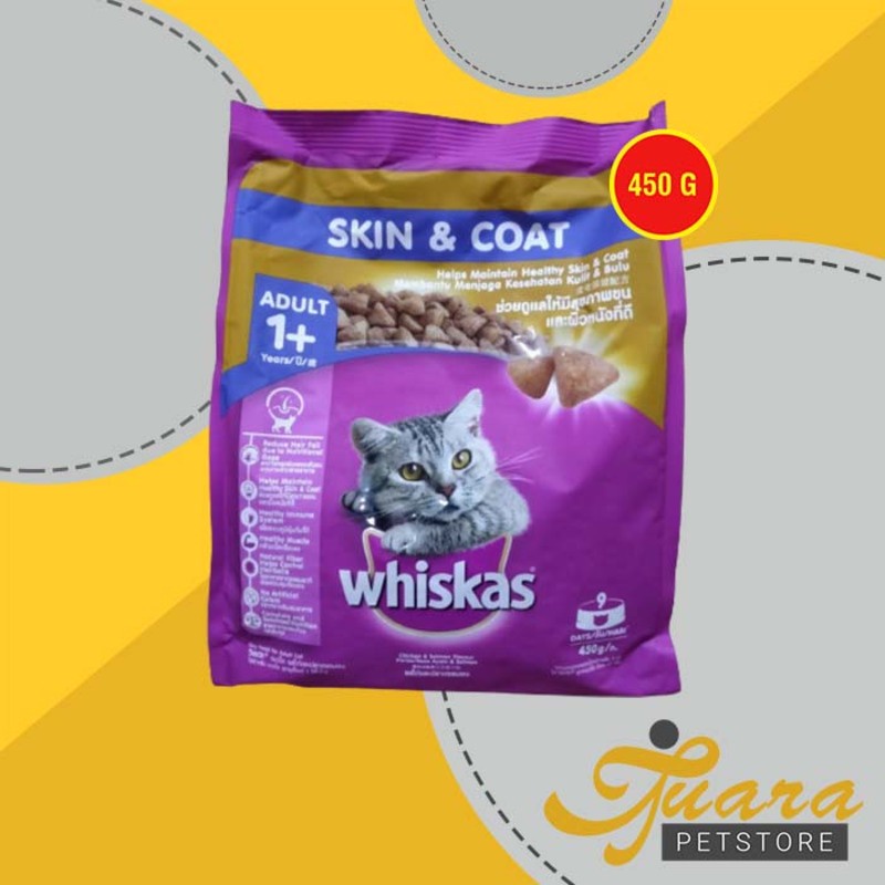 Whiskas Makanan Kucing Kering Dry Food Adult Skin Coa kulit Bulu 450G