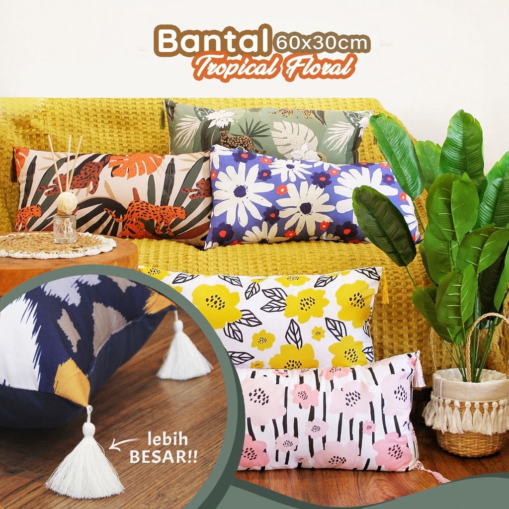 BANTAL SOFA 60x30 CM DENGAN TASSEL GANTUNG VINTAGE TROPICAL FLORAL PREMIUM DEKORASI