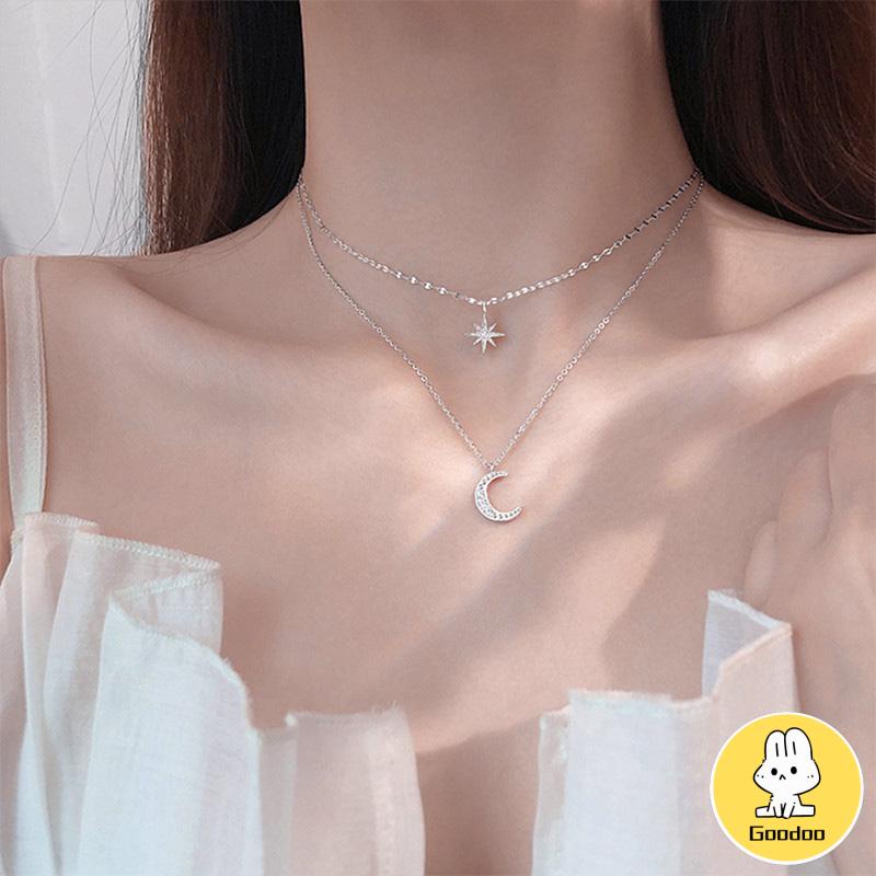 Kalung Rantai Double Layer Bentuk Bulan Bintang Untuk Wanita -Doo