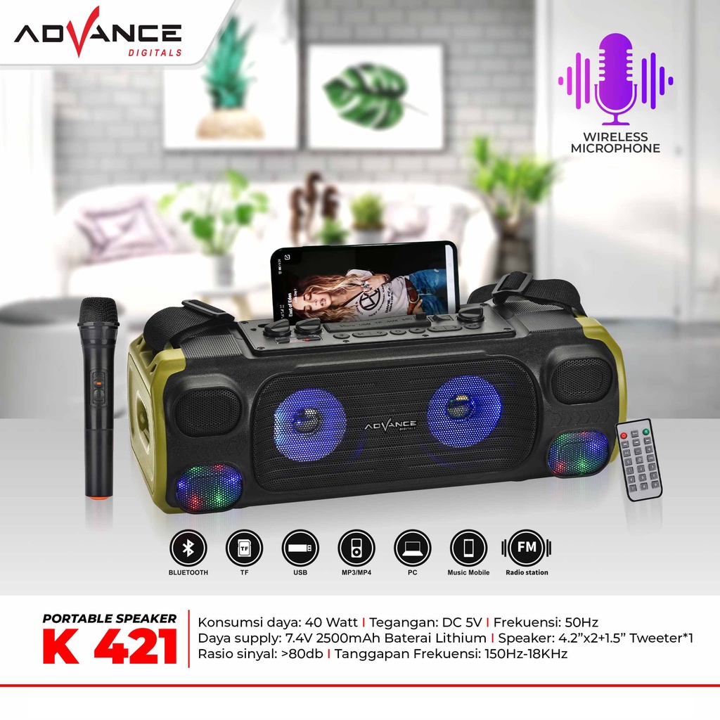 ADVANCE K-421 Speaker Bluetooth Mic Wireless Music Box Karaoke