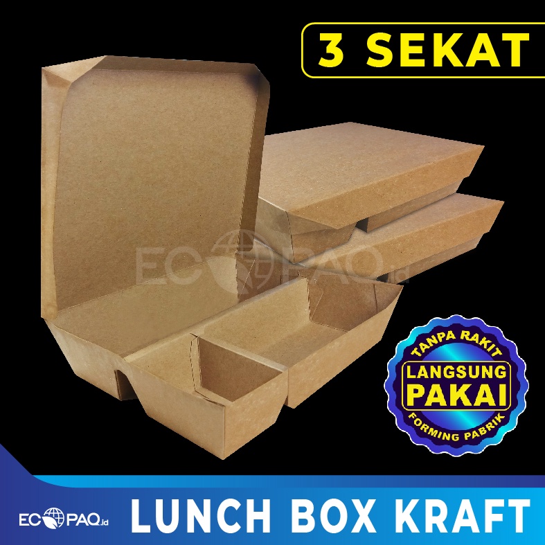 Lunch Box SEKAT 3 - Kotak Bento Sekat 3 - Kraft Coklat (20 pcs)