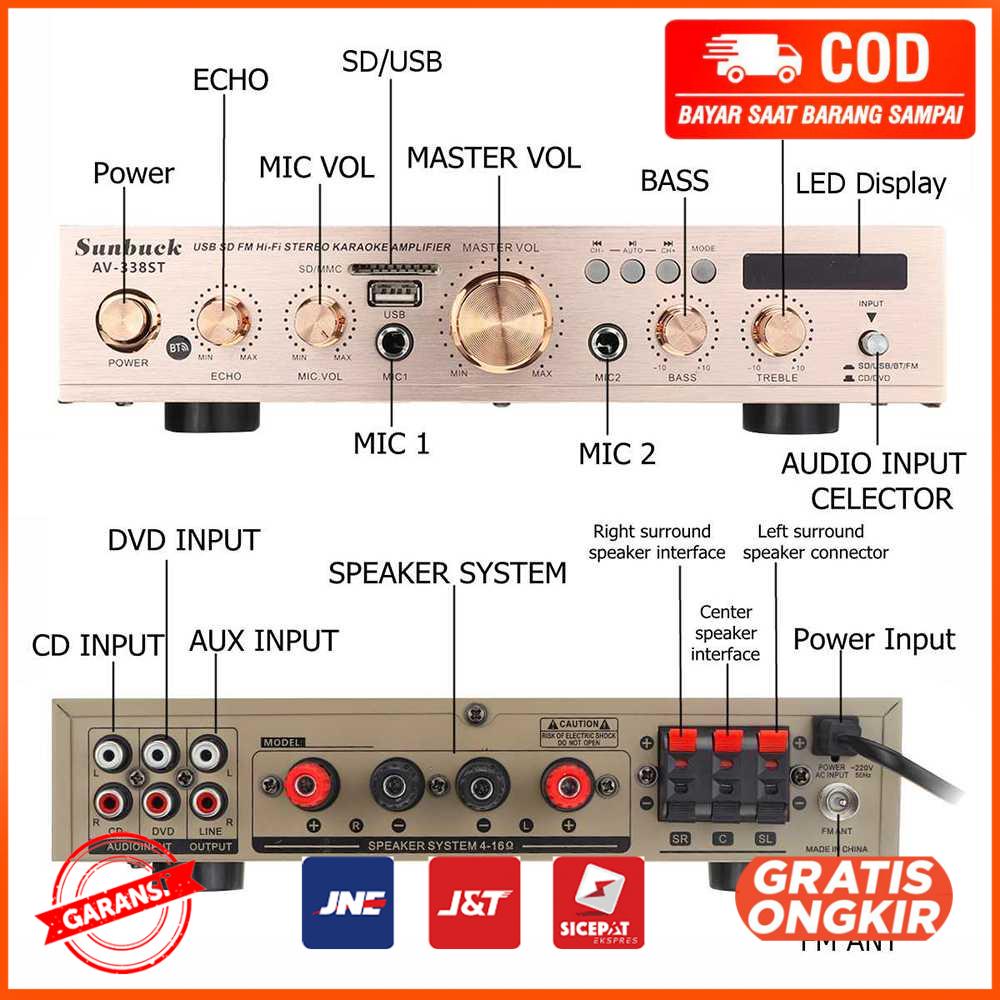Audio Amplifier Bluetooth EQ Karaoke FM 2000W AV-338ST