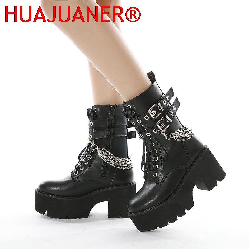 High Quality Leather Gothic Black Boots Women Heel Sexy Chain Chunky Heel Platform Boots Female Punk