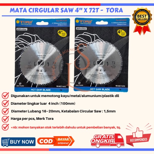 Mata Circular saw Gerinda Mdl Tora Potong Kayu 4&quot;x 72T Aluminium Plastik