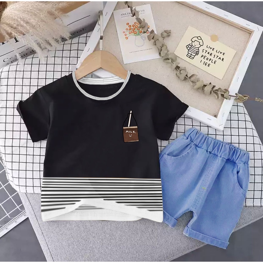 SETELAN ANAK BAJU KAOS BAHAN KATUN CELANA PENDEK BAHAN DENIM UMUR 1-5 TAHUN MOTIF BBOTTLE MILK BAJU ATASAN ANAK LAKI LAKI PEREMPUAN TERBARU OUTFIT ANAK MASA KINI TERLARIS