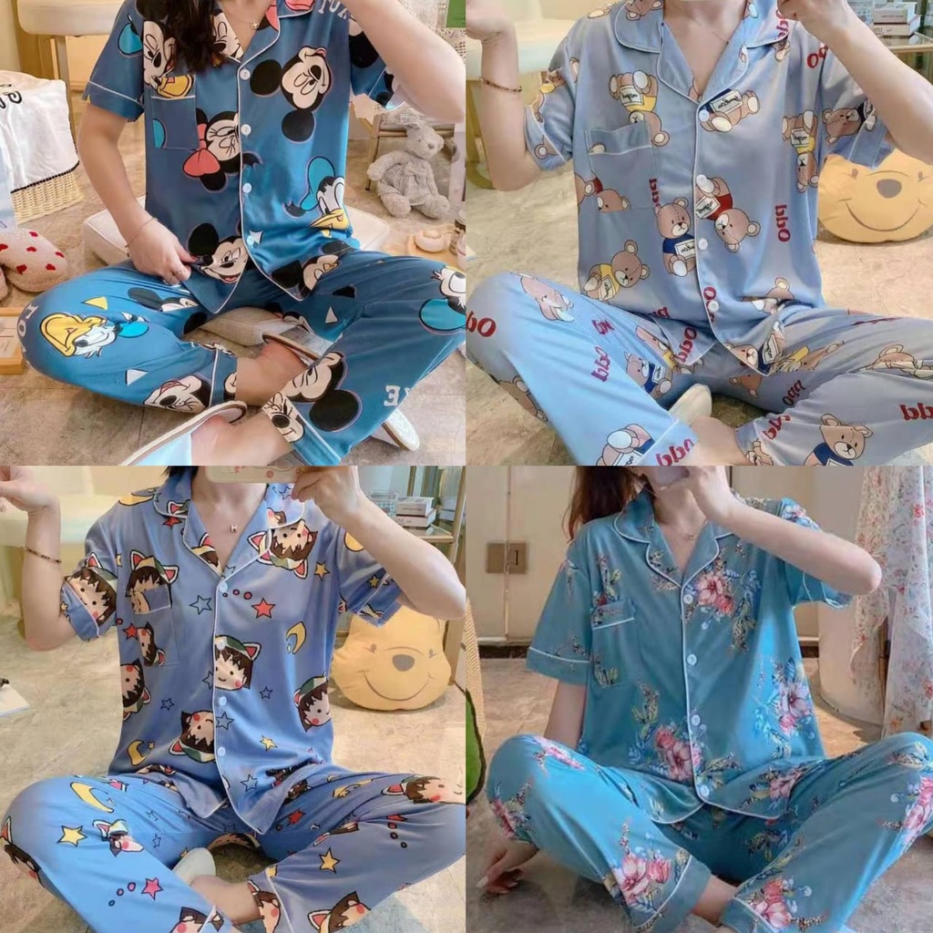 NEW!!! Ready Stock Baju Tidur Piyama Set Kemeja Celana Panjang Baju Lengan Pendek / Piyama Import / Premium Quality / Baju Tidur Import / Baju Tidur Murah / Piyama Set / Baju Per Set Tidur