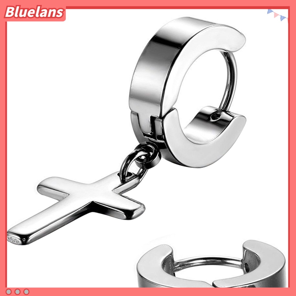 Bluelans 1 Pair Ear Dangle Cross Pendant Eco-friendly Stainless Steel Huggie Hinged Hoop Earrings for Men