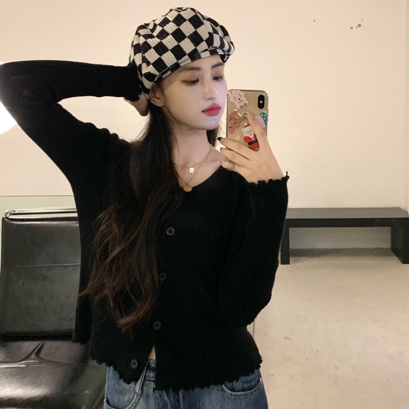 Angel Crop/Rajut Crop/Atasan Wanita/Sweater Wanita Lengan Panjang/Sweater Kancing/Sweater Crop Top