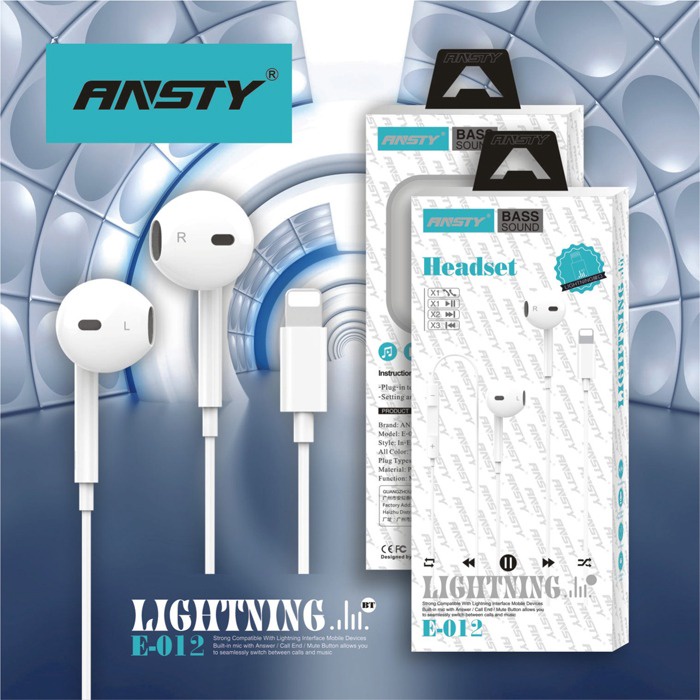 HEADSET EARPHONE HANDSFREE ANSTY E-012 JACK LIGHTNING SUPER BASS