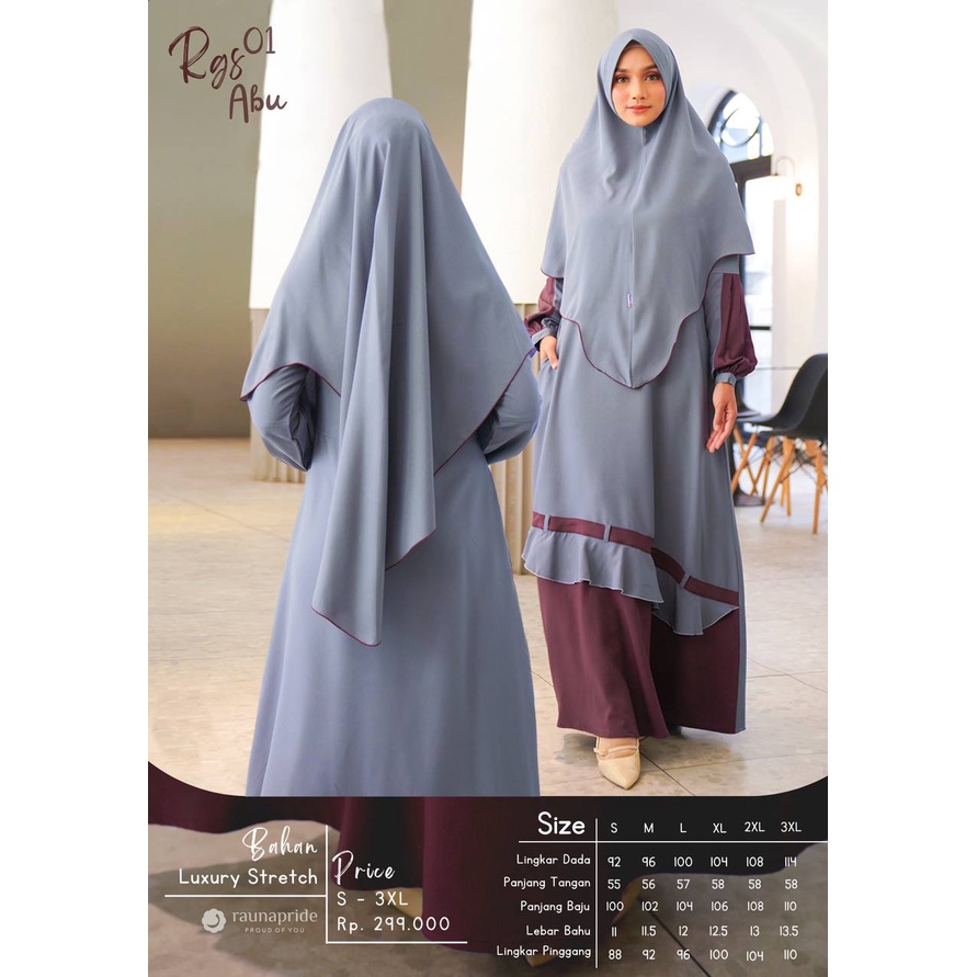 Rauna RGS GS 01 - abu - olive - biru / Gamis Syari Set / Rauna Terbaru 2022 / Fashion Muslim