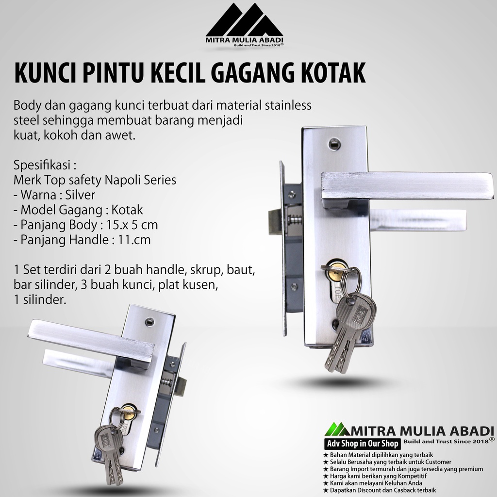 Kunci Pintu Rumah Gagang Kotak Kecil 15cm Napoli SILVER fullset