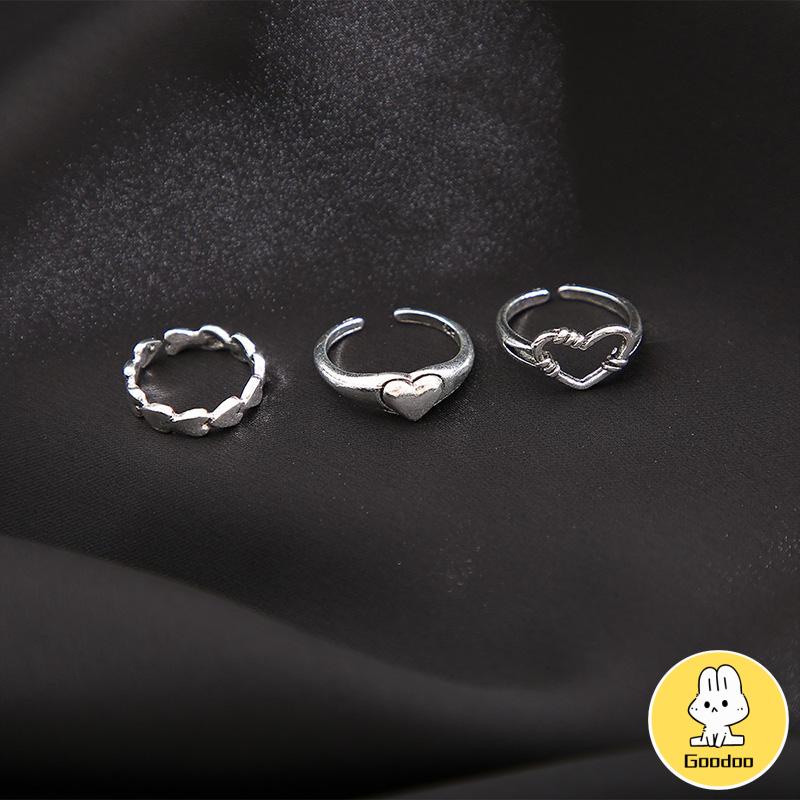 3pcs Cincin set korea Model Terbuka Desain Gelombang Hati Warna cincin Silver Gaya Vintage Wanita -Doo