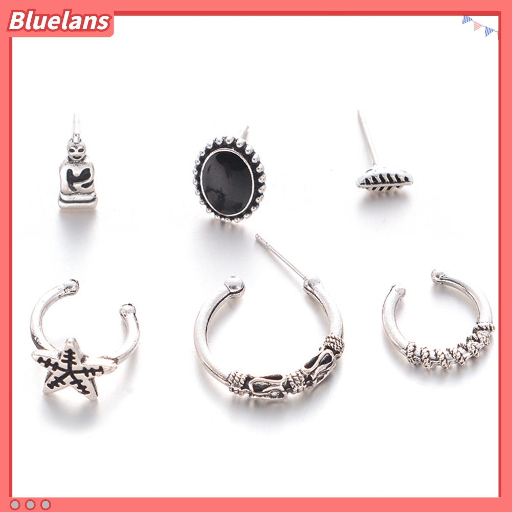 6pcs / Set Anting Stud Klip Desain Bintang Daun Bahan Alloy Gaya Bohemian Untuk Wanita