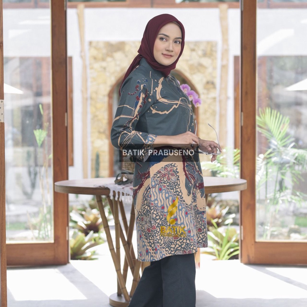 Tunik Batik Wanita Motif Danar Abu Lengan Panjang Model Resleting Depan Full Furing Trikot Katun Pri