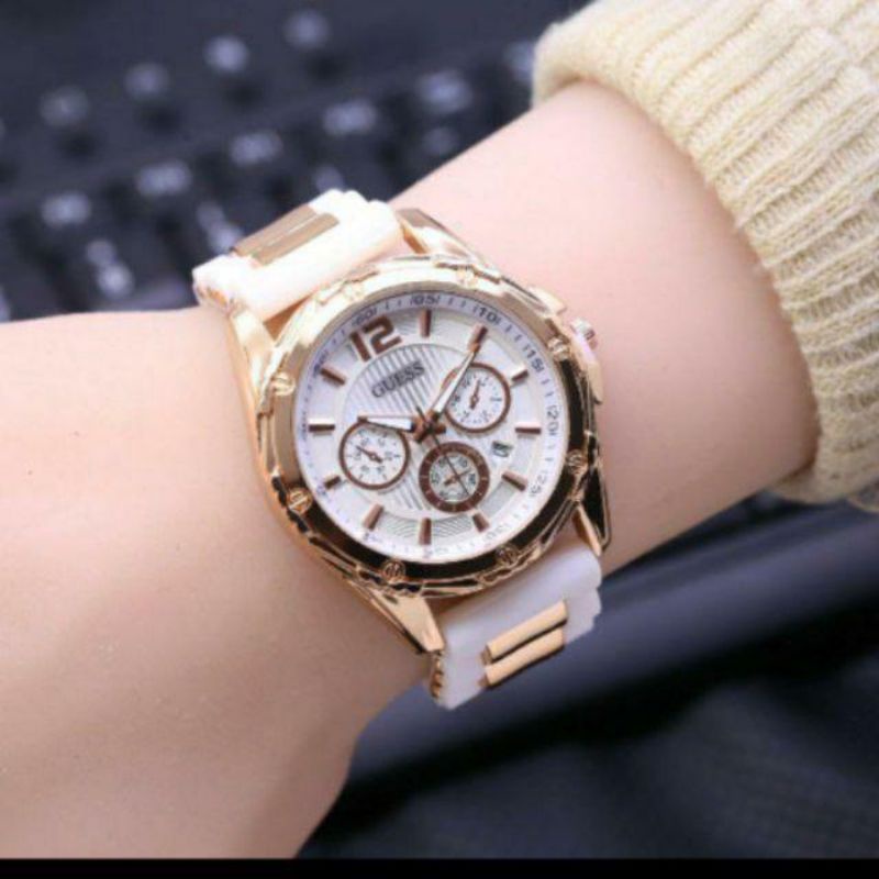 (Grosir)Jam Tangan Wanita Fashion Guess Crono Variasi Tanggal Aktif  Strap Rubber/Karet(Terima Cod)