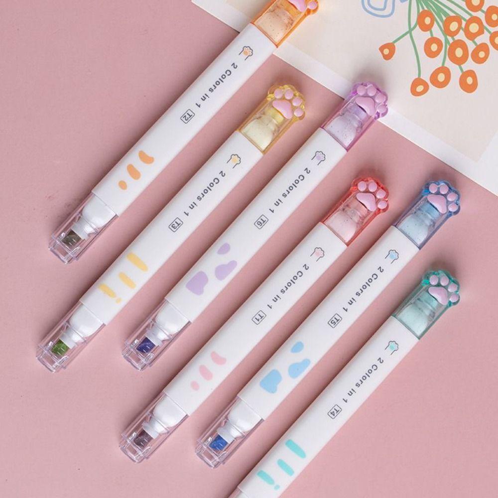 Top 6PCS/Set Pena Stabilo Set Good-looking Permen Warna Gambar Graffiti Cakar Kucing Kepala Ganda Pena Warna