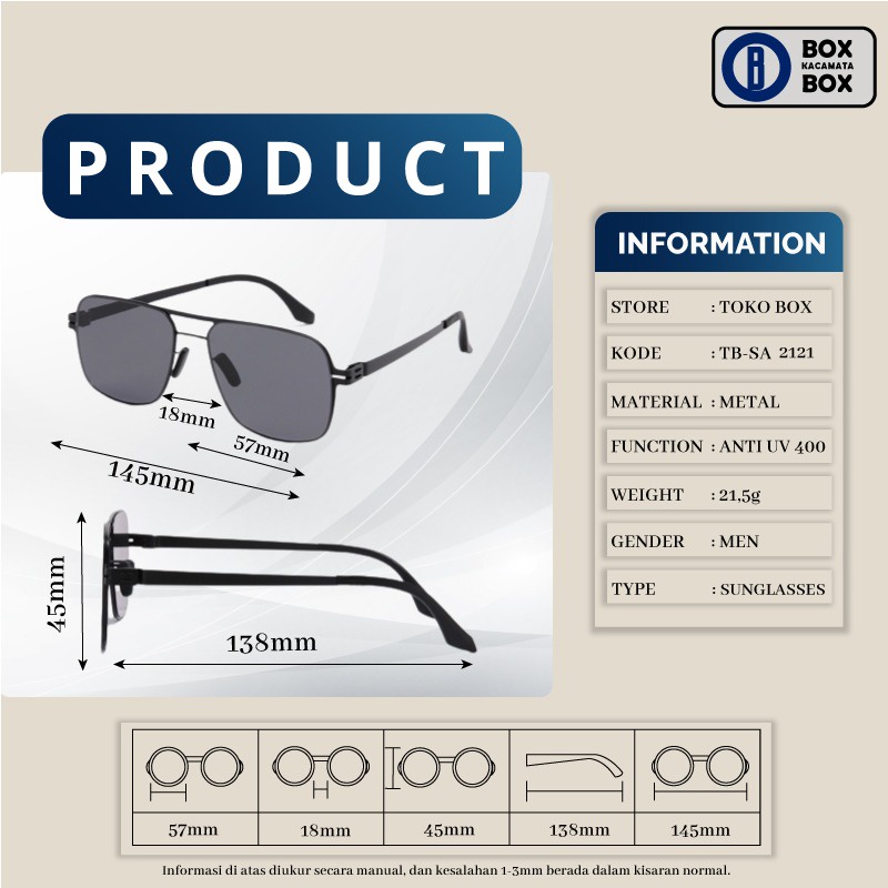 Kacamata Hitam Sunglasses Metal Anti UV400 Protection Kotak Bridge Simple dan Kokoh Fashion Unisex 2121