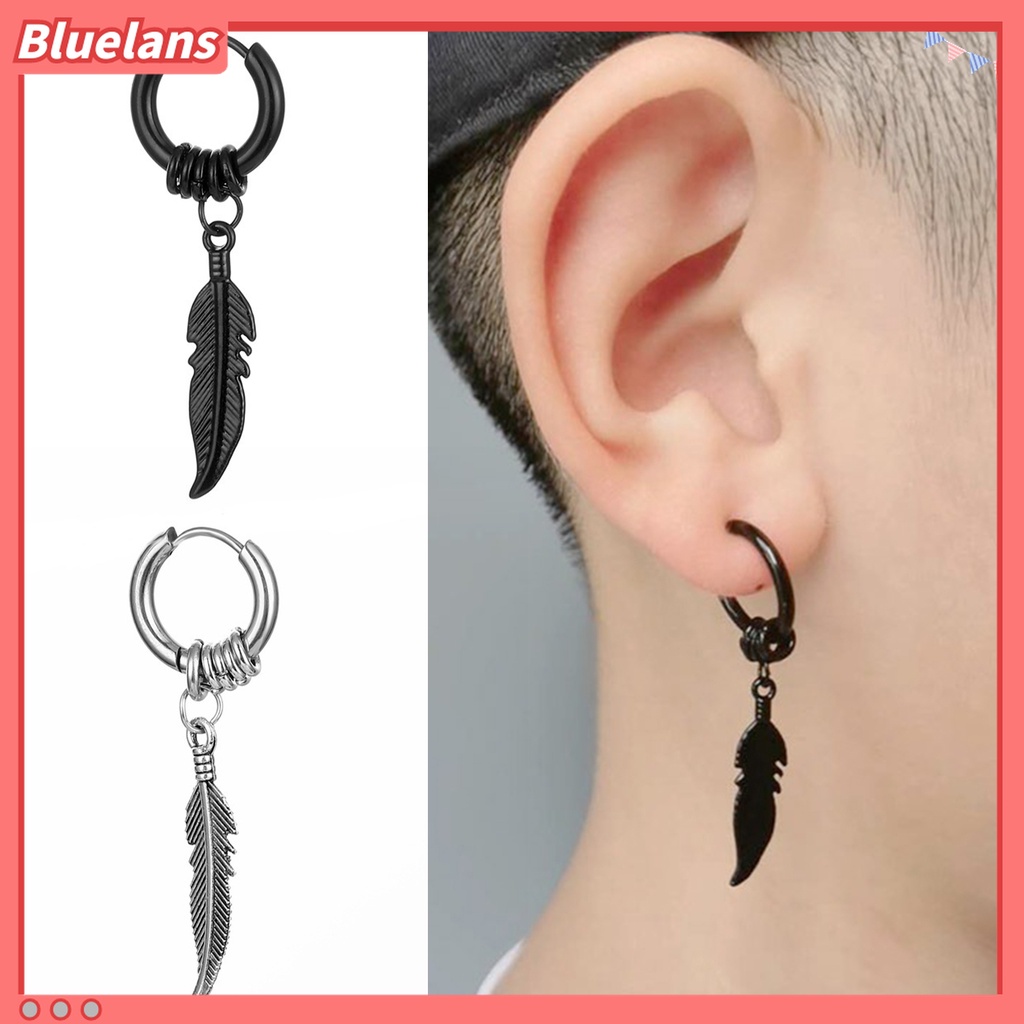 1 Pasang Anting Bentuk Bulu Bahan Stainless Warna Solid Untuk Unisex