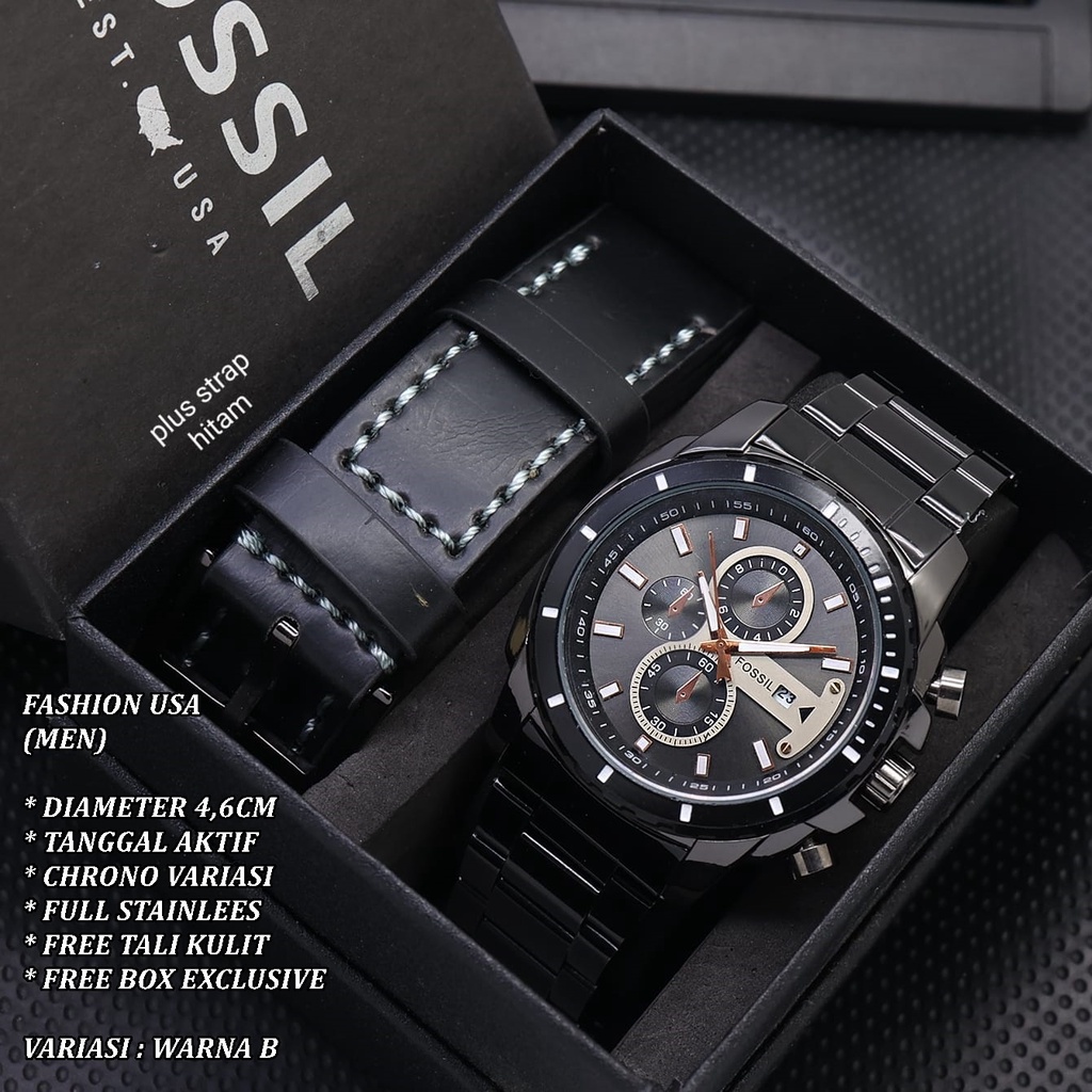 (FREE BOX) JAM TANGAN PRIA FASHION RANTAI BODY BULAT TANGGAL AKTIF CHRONO VARIASI FREE TALI KULIT