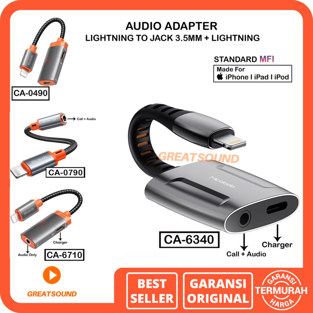 Mcdodo CA6340 Jack Audio 2 In 1 Lightning Original Sambungan Audio Otg Adaptor Lightning Dc3.5mm Mcd