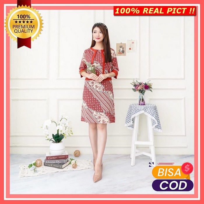 Deita Dress - Dress Batik Cheongsam Imlek Sangjit Modern Pesta Wanita  Dress Batik M933 Red