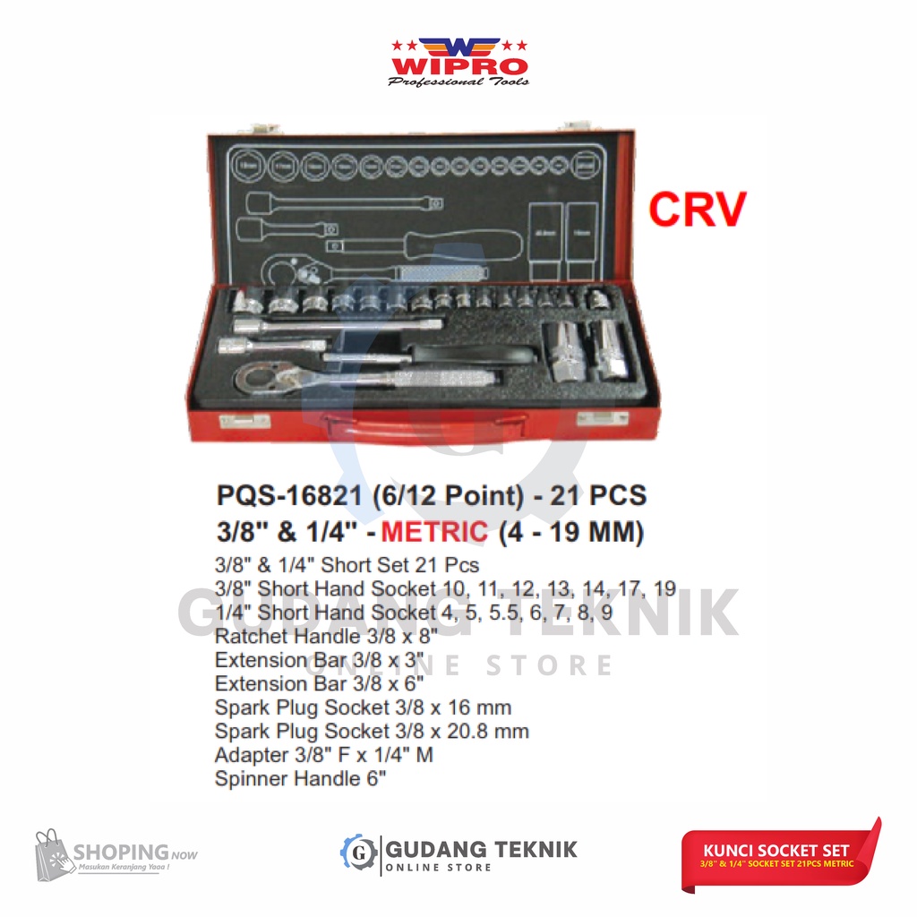 Kunci Sock Set 3/8&quot; 1/4&quot; 21 Pcs METRIC WIPRO PQS-16821 6PT 12PT / Kunci Sok Sock Sock 4-19mm WIPRO PQS16821 6PT 12PT - Socket SET Wrench WIPRO PQS 16821 6PT 12PT