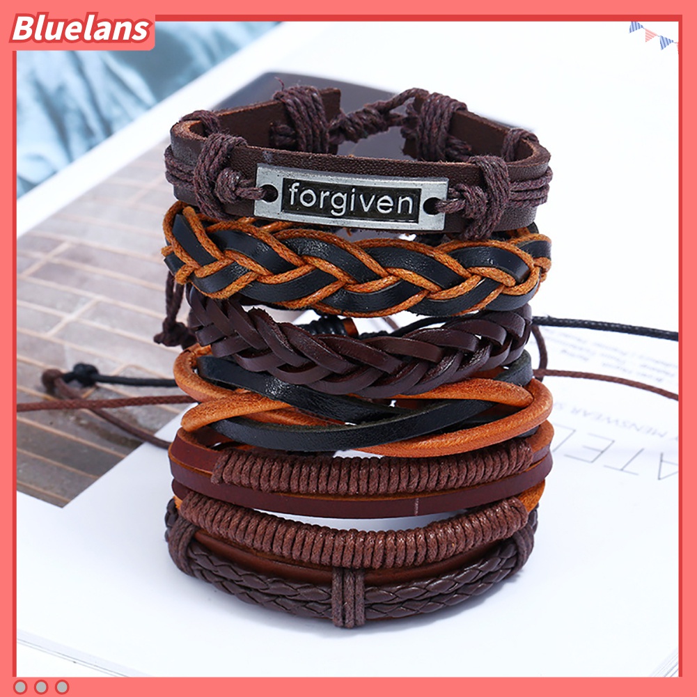 6pcs / Set Gelang Multilayer Bahan Kulit Imitasi Handmade Gaya Vintage Punk Untuk Pria
