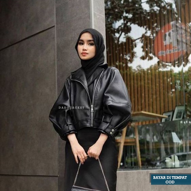 Jaket Wanita Single Breasted Punk Pendek Women Crop Top Longgar Shirt Bahan Semi Kulit Sintetis Vien