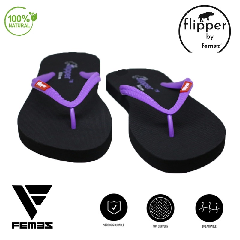 Sandal Jepit Japit ORIGINAL Flipper by Femez Slim Hitam Ungu Wanita Anti Slip