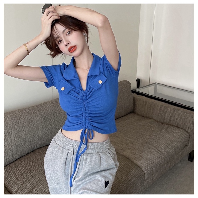 KOREAN KNITT TOP MODEL KERUT TALI VARIASI KANCING IMPORT (BJCN830)