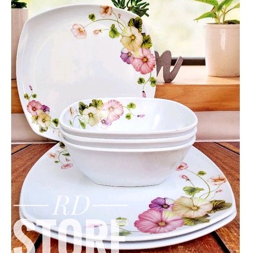 PROMO 6.PCS ISI 3.PIRING KOTAK SAJI 3.PCS MANGKOK KOTAK MOTIF ROSE BAHAN MELAMINE WARE TEBAL ANTI PANAS