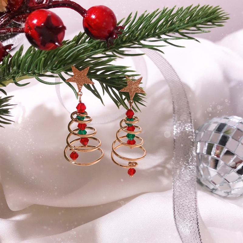 1 Pasang Anting Stud Hias Liontin Pohon Natal Kristal Berlian Gaya Vintage Korea Untuk Wanita