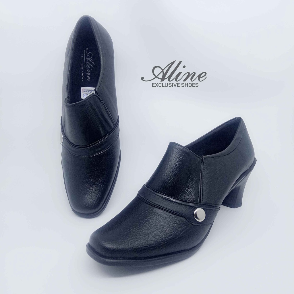 Aline Sepatu Pantofel Wanita Slip-On Elastis Hak 7 Cm Formal Hitam Polwan Kowad Dishub AW09