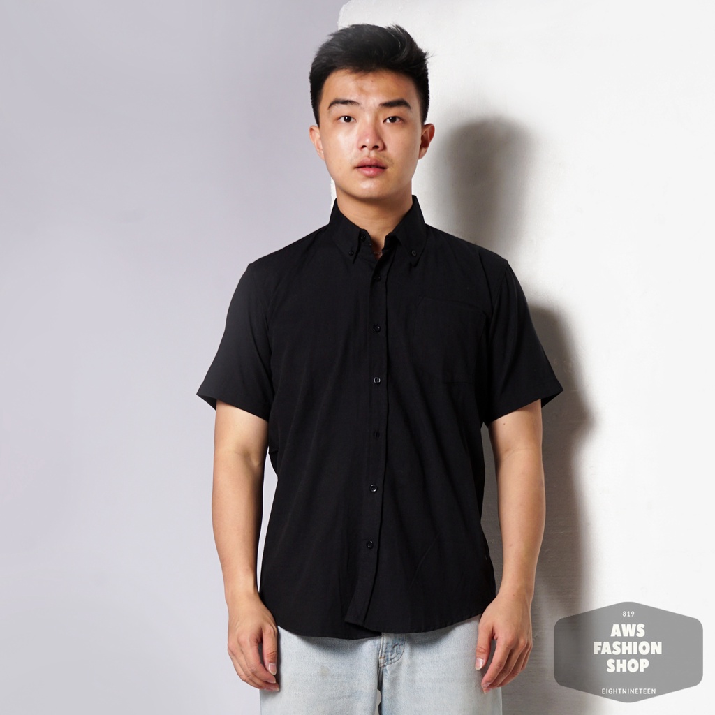 819 Kemeja Pria Lengan Pendek Polos HITAM BLACK Oxford Basic SIMPLE Slimfit Casual Tersedia Ready Sampai Size JUMBO BIG SIZE XXL XXXL