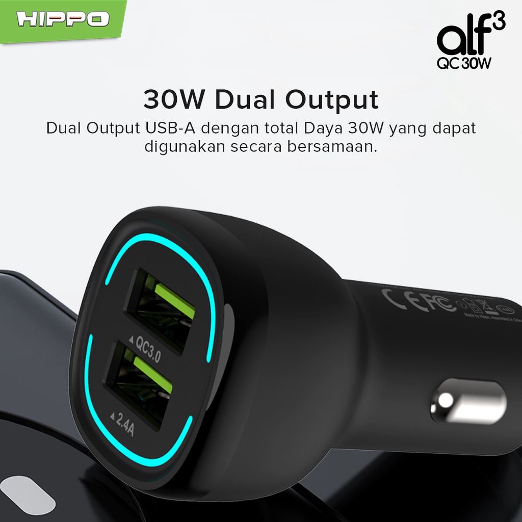 Hippo Car Charger ALF 3 QC 30W QC Fast Quick Charging 3.0 Casan Colokan Mobil Type C Android Iphone Micro Lightning Dual Port USB A USB C