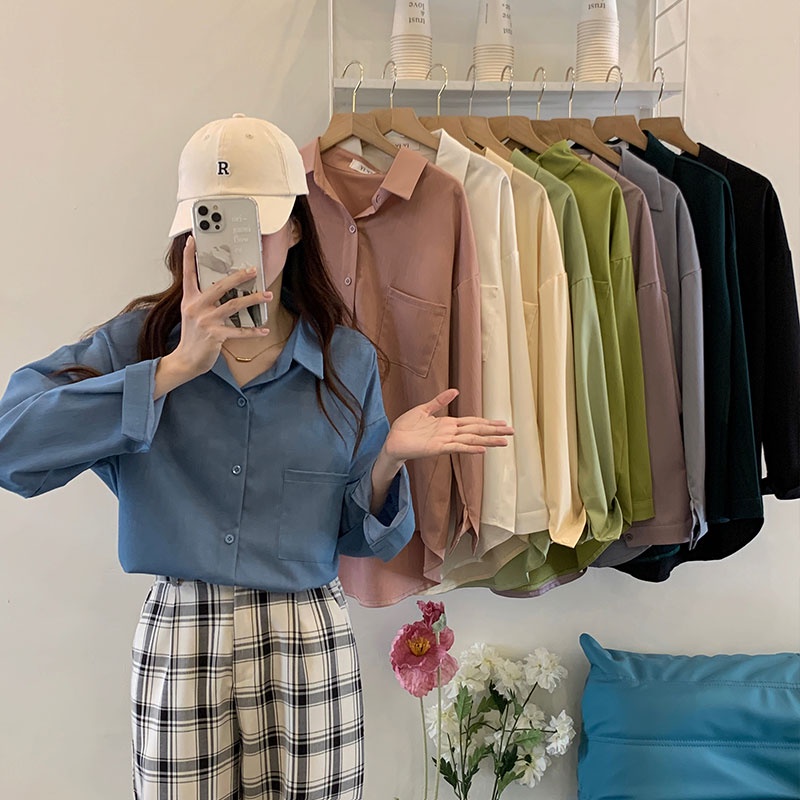 Kemeja retro wanita kemeja lengan panjang simple daily outfit koreans tyle