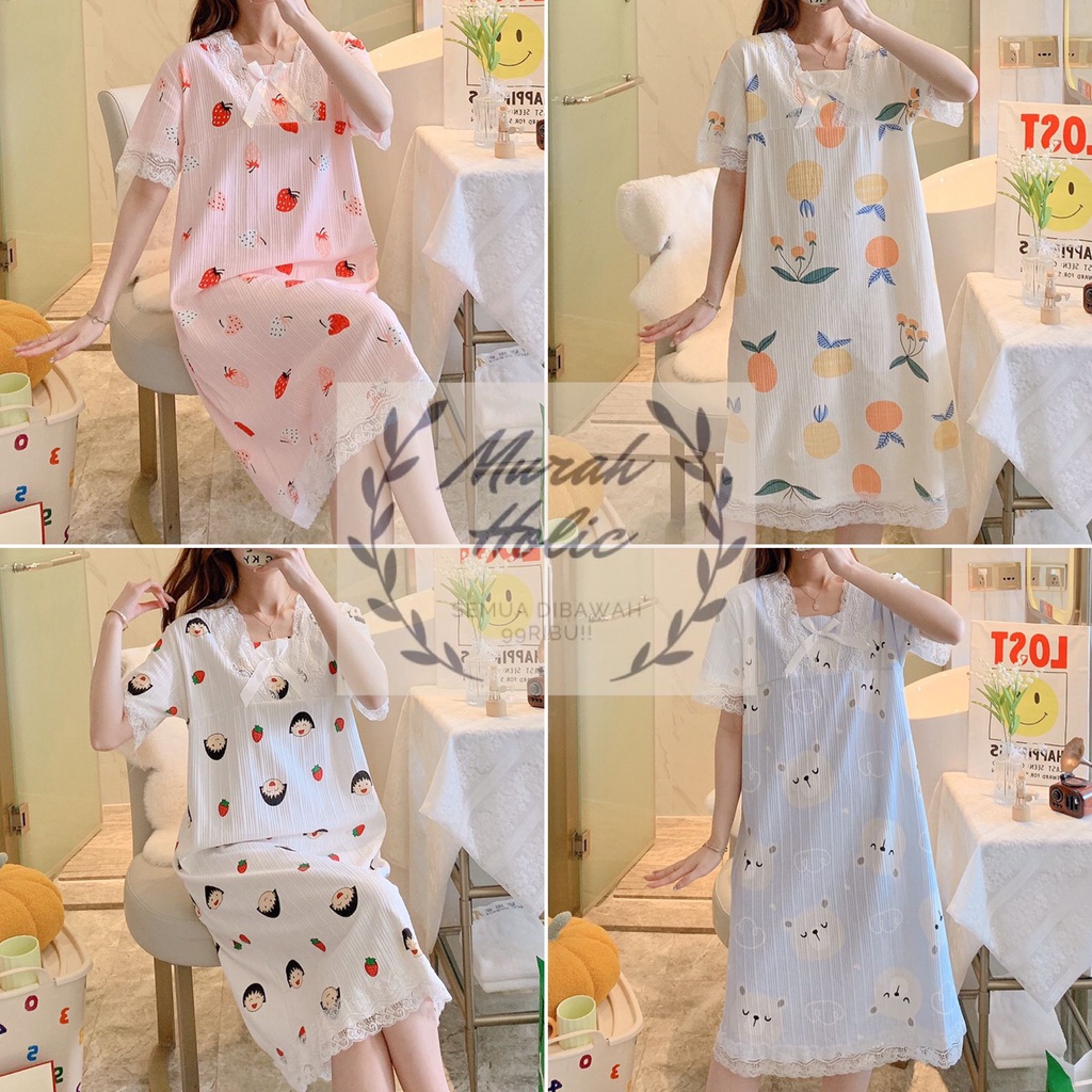 Baju Daster Renda Lengan Pendek Wanita Besar Jumbo Baju Tidur Import Piyama Korea Motif Karakter Lucu Bahan Adem Fashion Impor Baju Rumah Santai