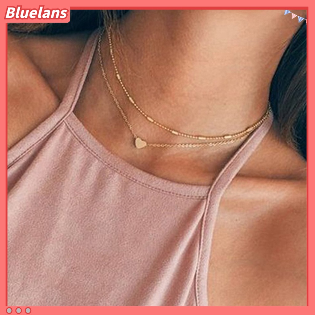 2pcs / Set Kalung Rantai Double Layer Bentuk Hati Bahan Alloy Untuk Kencan