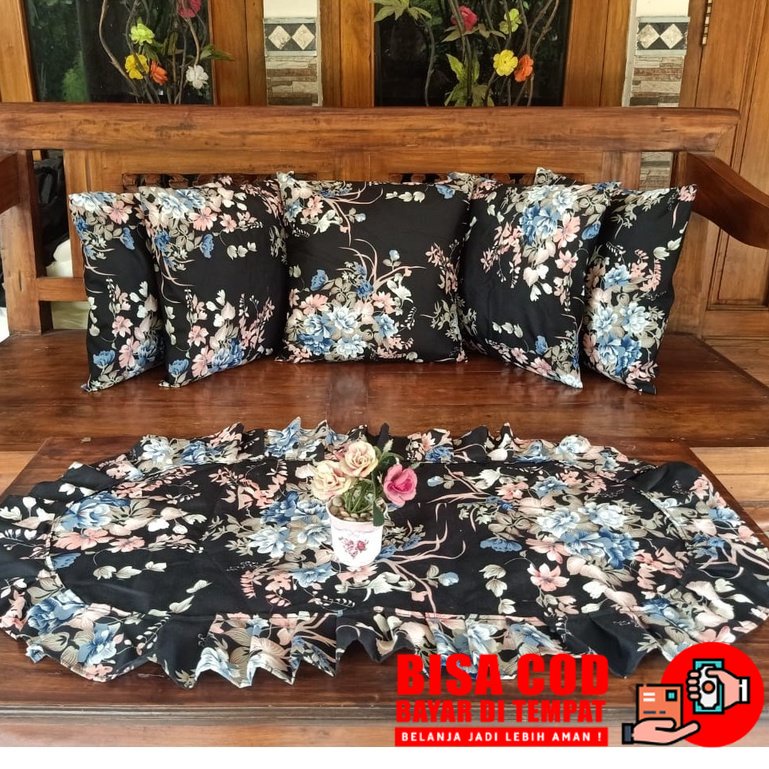 COD SARUNG BANTAL SOFA UKURAN 40×40 CM / 1 SET ISI 5 SARUNG BANTAL + 1 TAPLAK MEJA MOTIF RUMBAI  MIN