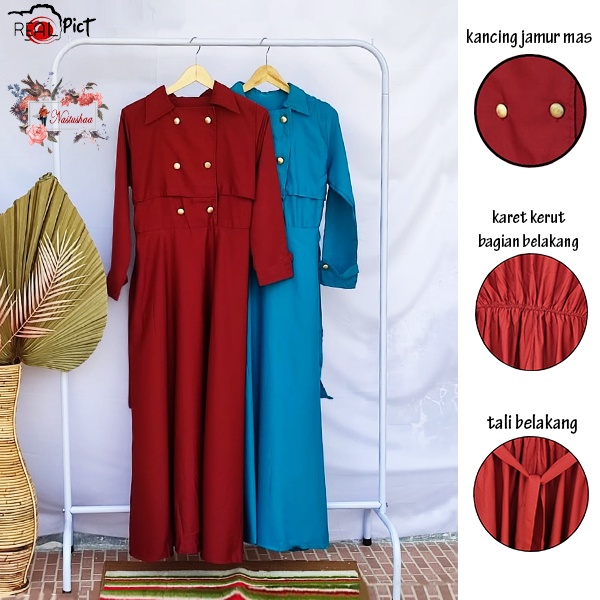 Dress muslim Busui Friendly Kancing Depan Maxi Gamis Terbaru Dress Gamis Abaya Polos Karet Kerut Belakang FREE Pashmina