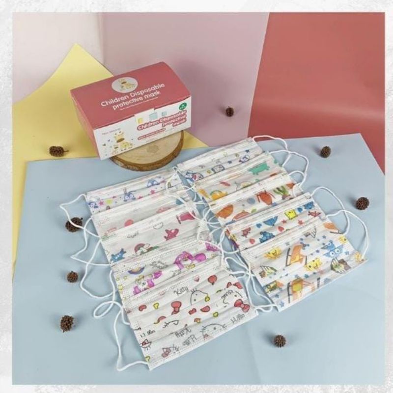 Masker KF94 duckbill anak earloop kids BT21 motif KF 94 dino doraemon mickey bt21 pink biru no medis