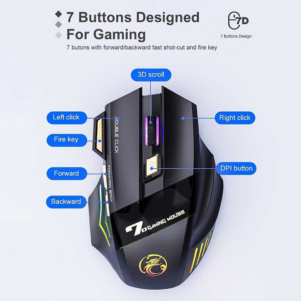 Wireless Gaming Mouse Ergonomic RGB Rechargeable 3200 DPI iMice GW-X7MLP1