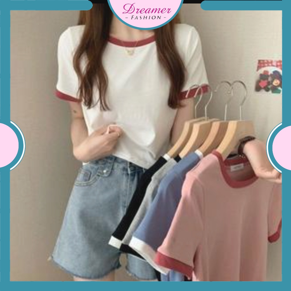 DF BJ284 Baju Wanita Atasan Round Neck Short Sleeve Contrast Colour T-Shirt Kaos Wanita Lengan Pendek