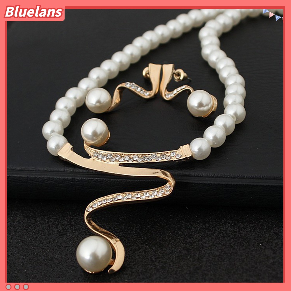 Set Perhiasan Kalung Anting Stud Manik-Manik Mutiara Berlian Imitasi Untuk Pengantin Pernikahan