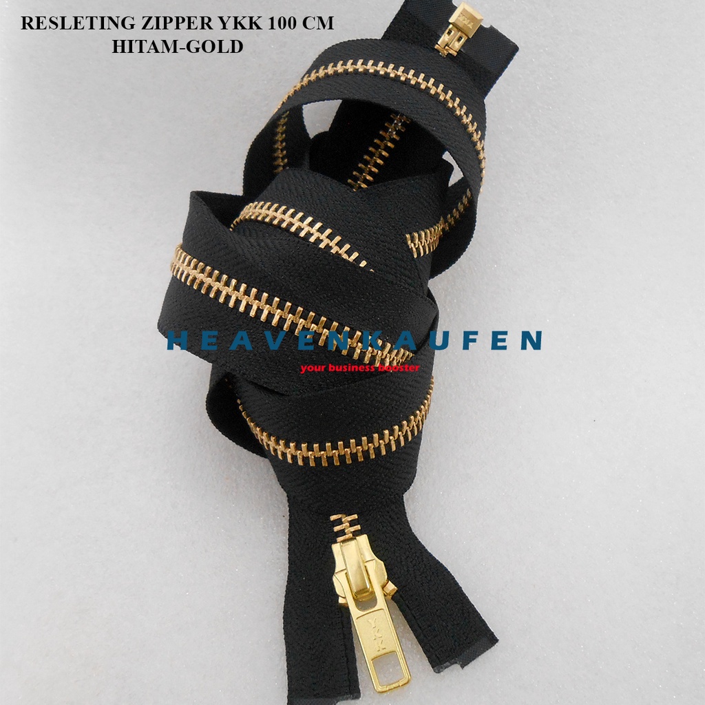 Resleting Zipper YKK 100 cm Atau 1 Meter Type Gigi Besi Hitam - Gold Emas Set Open End Buka Lepas