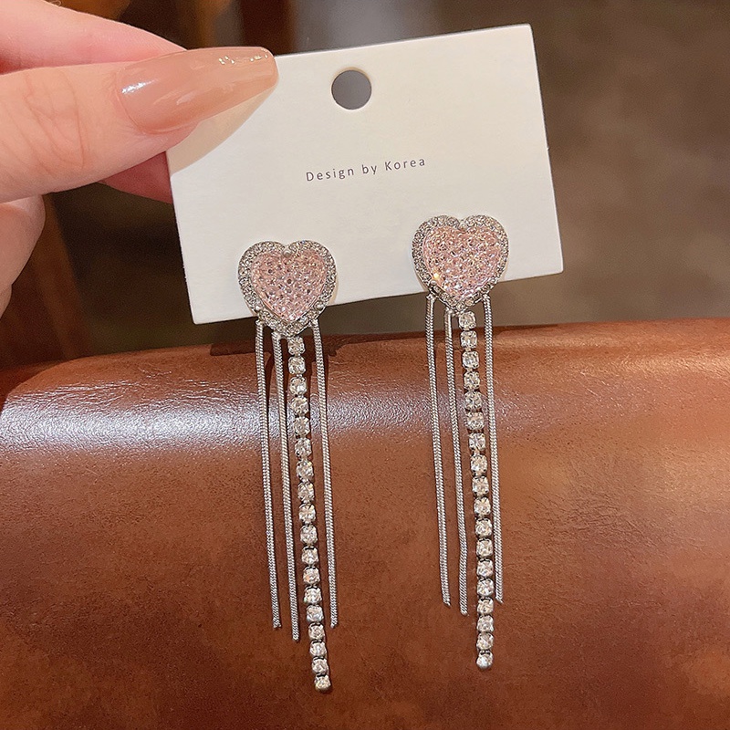 Anting Stud 925 silver needle Model Rumbai Panjang Bentuk Hati Warna Pink Untuk Wanita