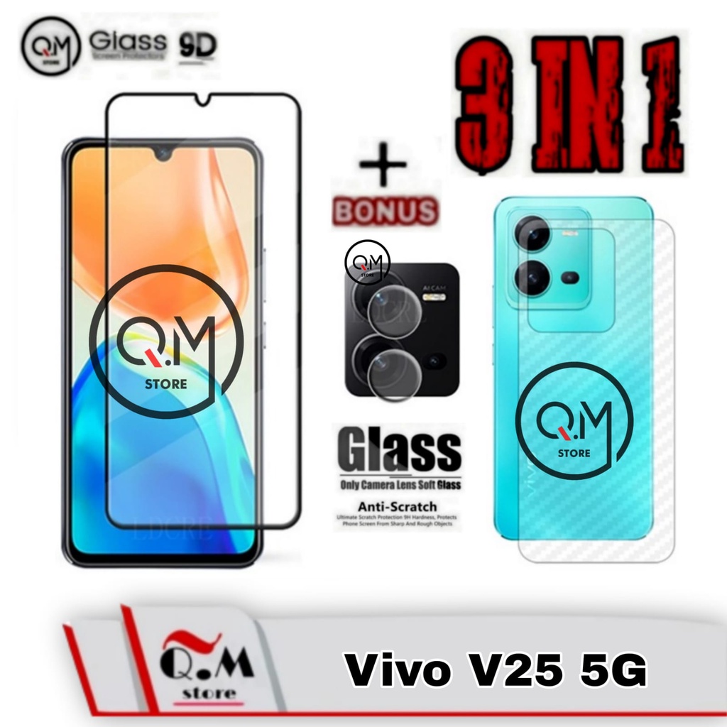 Paket 3 In1 Tempered Glass Layar Vivo V25 5G GAnti Gores Paket 3IN1 Pelindung Back Cover Full 9D