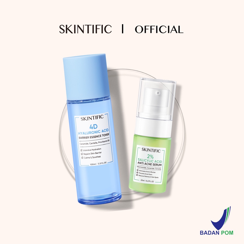 SKINTIFIC 2pcs Set | 4D Hyaluronic Acid Barrier Essence Toner 100ml Toner Pelembab + 2% Salicylic Acid Anti Acne Serum 20ml
