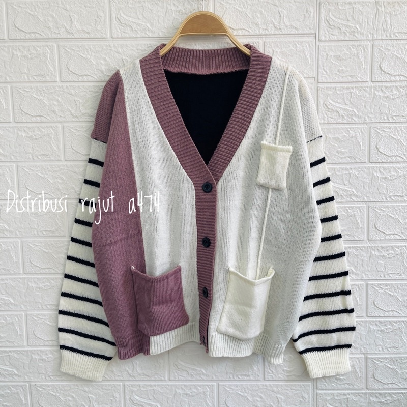 REGINA CARDIGAN RAJUT SAKU OVERSIZE MOTIF GARIS STRIPES TANGAN WANITA